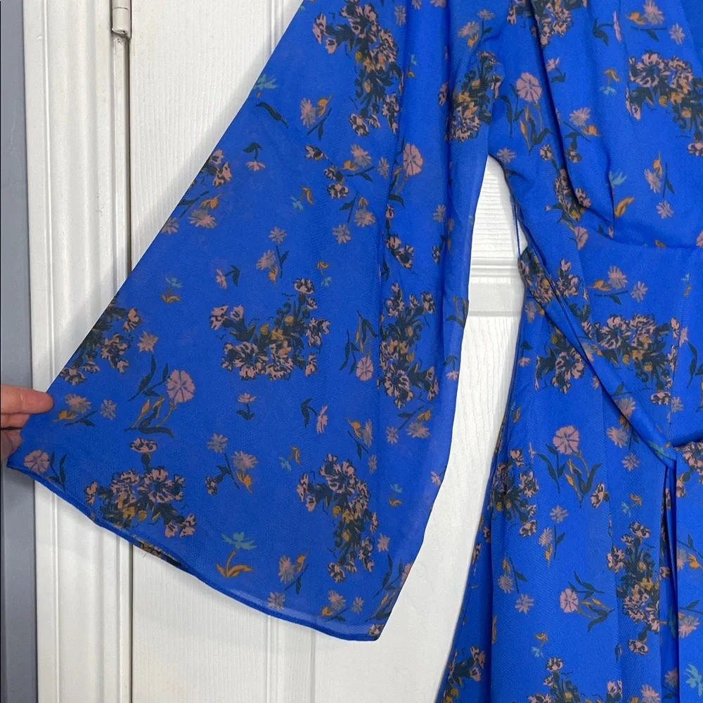 Free People Lilou Cobalt Blue Floral Wrap Dress with Bell Sleeves EUC Medium